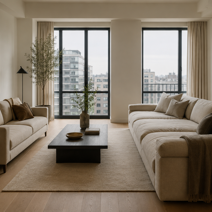 Elegant apartment living room comparing a deep oversized sofa with a balanced moderate-depth sofa to show how seat depth affects comfort, posture, openness, and circulation