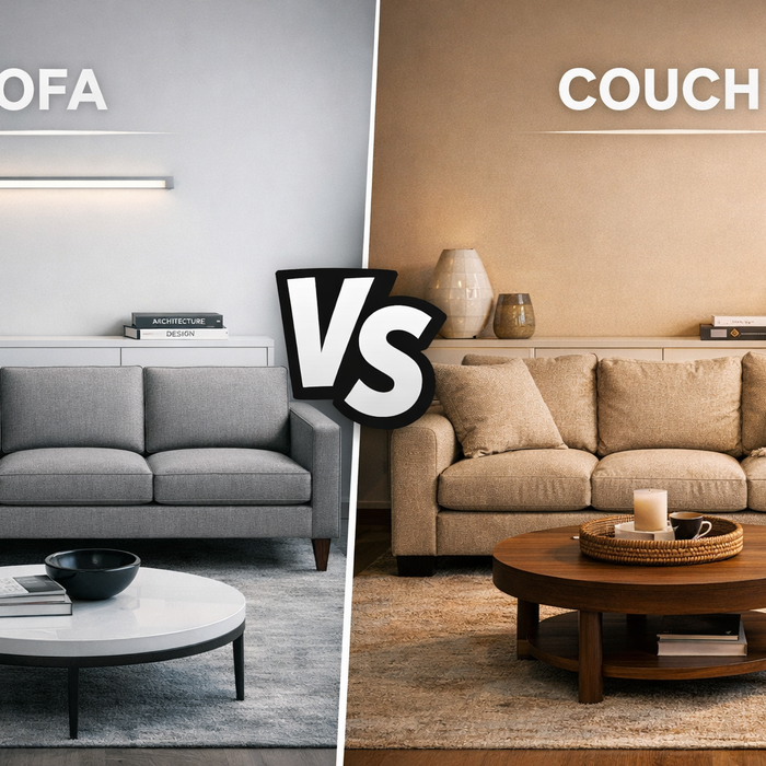 sofa vs couch side by side comparison showing formal sofa and relaxed couch in real living room setup