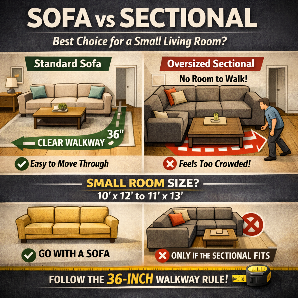 sofa vs sectional small living room layout (10x12) showing 36-inch walkway clearance with sofa and sectional blocking main traffic path