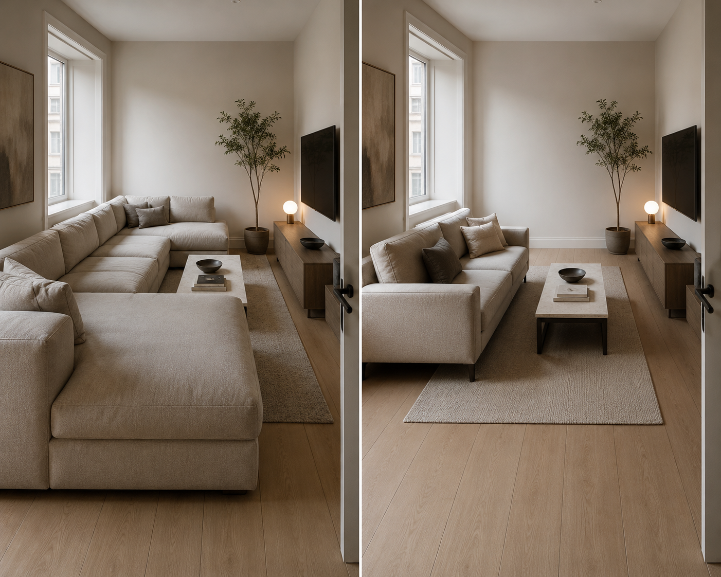 best sofa vs sectional for small living room showing oversized sectional making apartment feel cramped while compact sofa preserves open walkway and better room flow