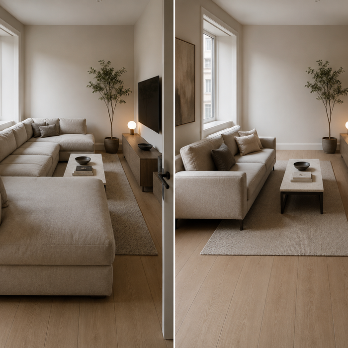best sofa vs sectional for small living room showing oversized sectional making apartment feel cramped while compact sofa preserves open walkway and better room flow