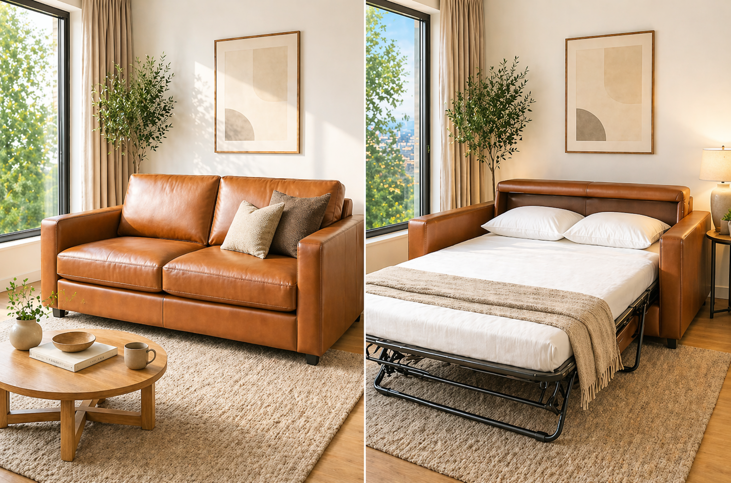 sofa vs sleeper sofa in living room showing couch to pull-out bed conversion for seating vs guest sleeping space