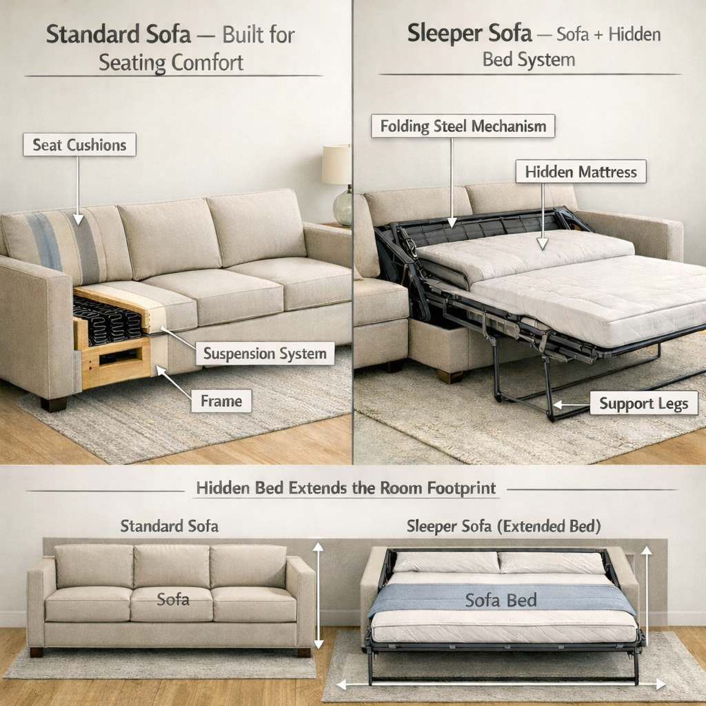sofa vs sleeper sofa comparison showing hidden mattress mechanism and seating structure differences