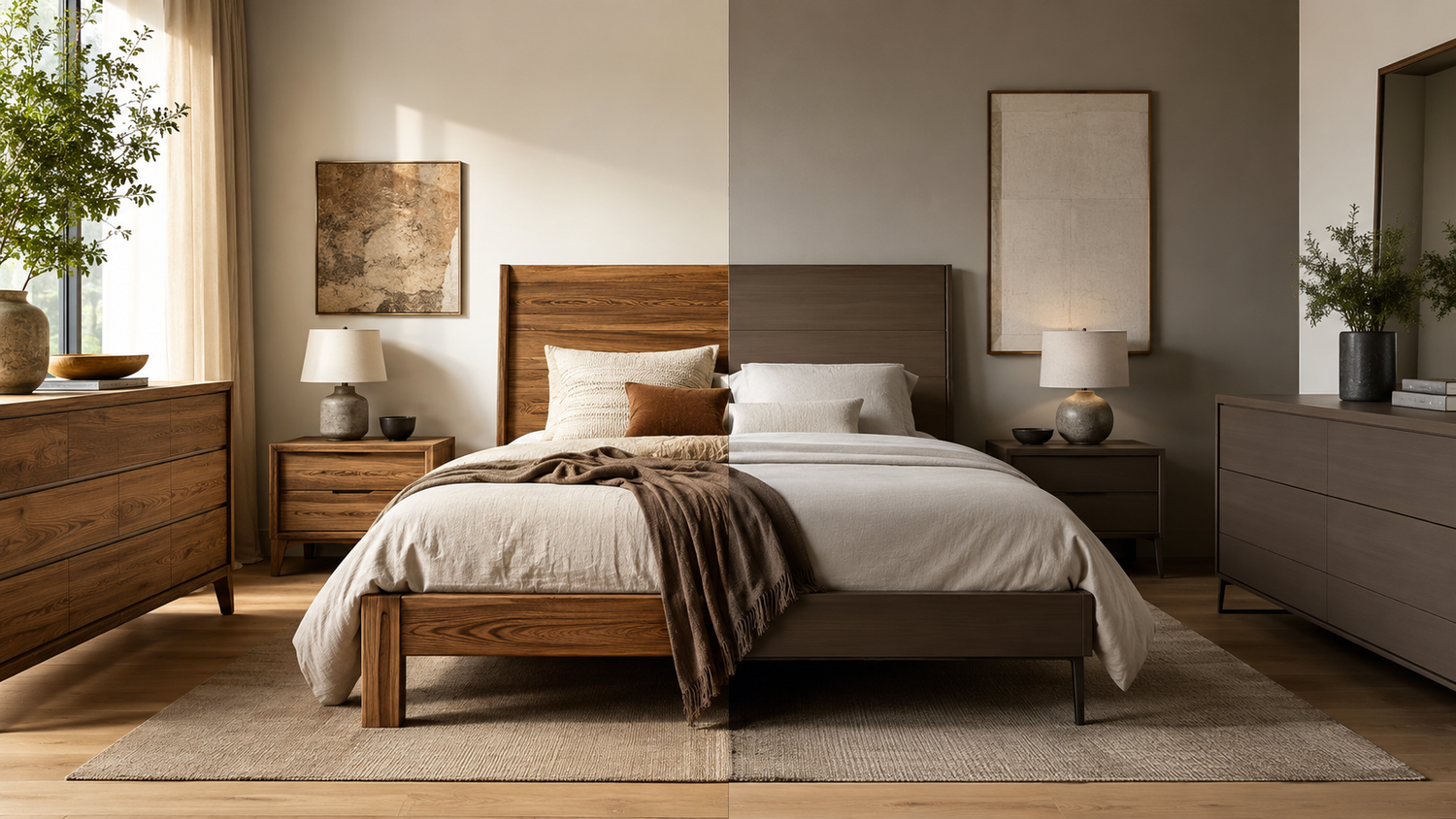 Solid wood vs engineered wood bedroom furniture comparison featuring bed frame, dresser, and nightstand in a modern bedroom