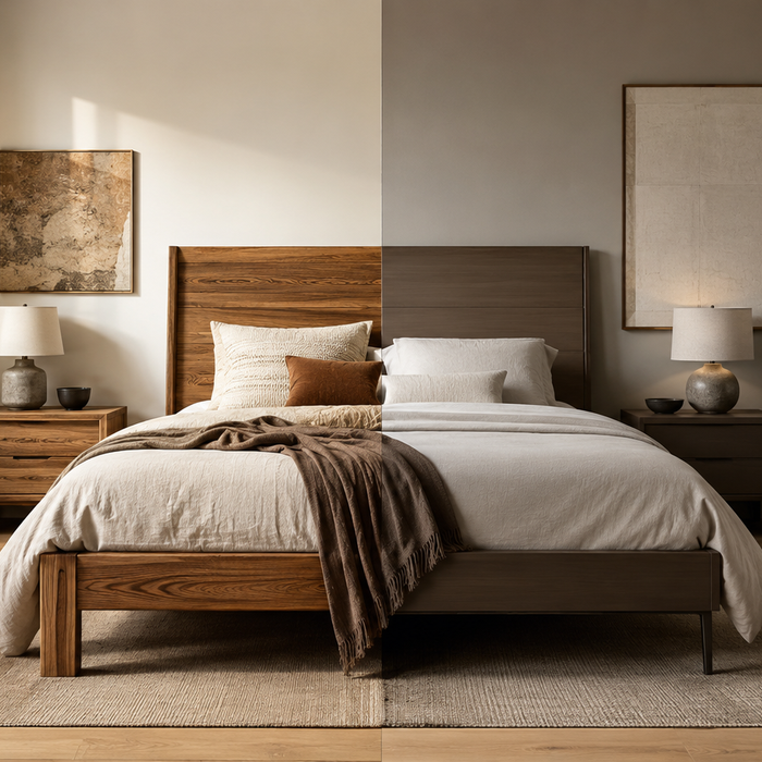 Solid wood vs engineered wood bedroom furniture comparison featuring bed frame, dresser, and nightstand in a modern bedroom