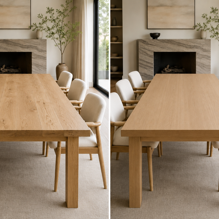 Solid Wood vs Engineered Wood Dining Table comparison for durability, lifespan, refinishing, moisture resistance, and long-term ownership