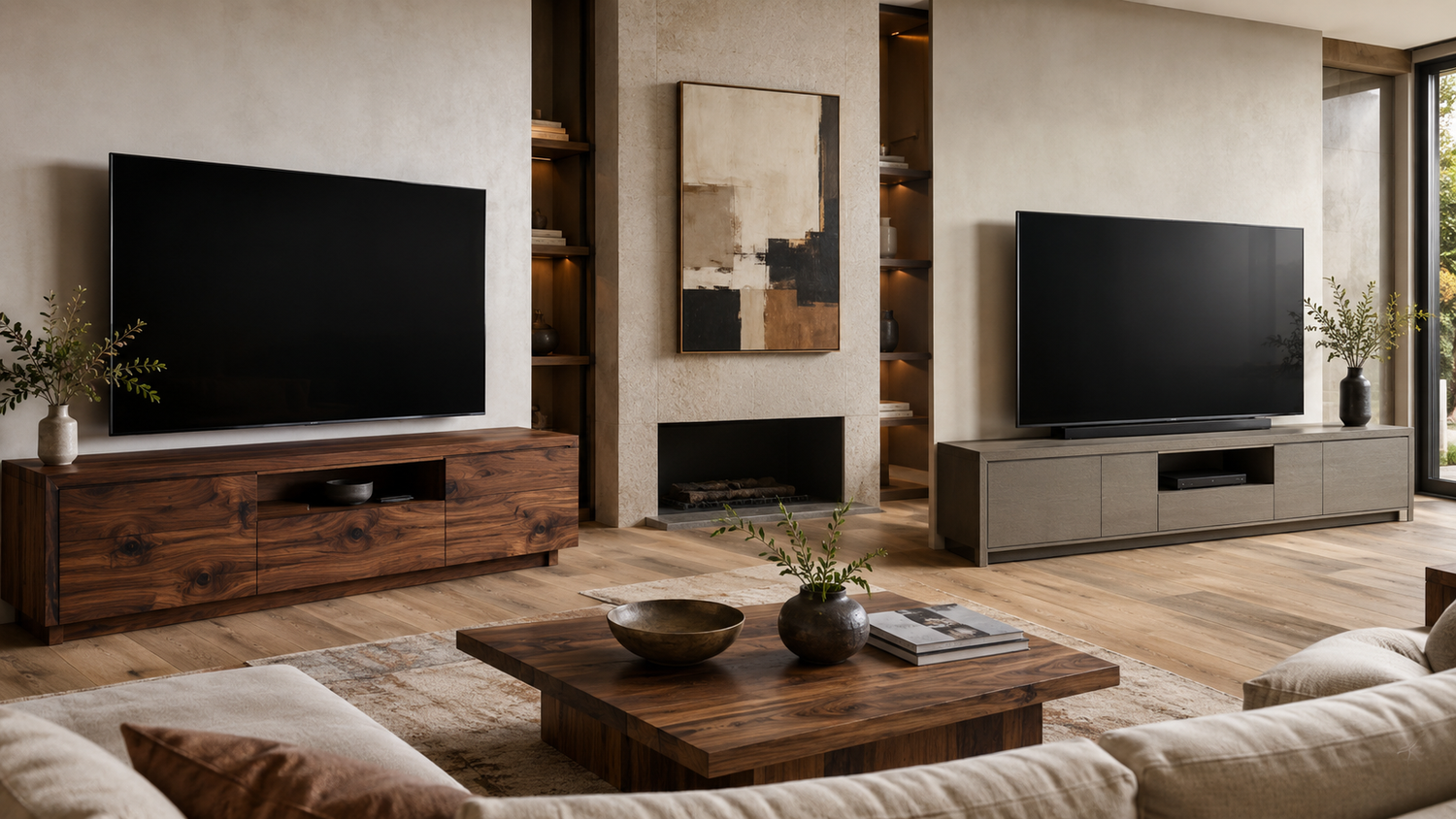 Solid wood vs engineered wood TV stand comparison showing material choice, stability, and media console construction