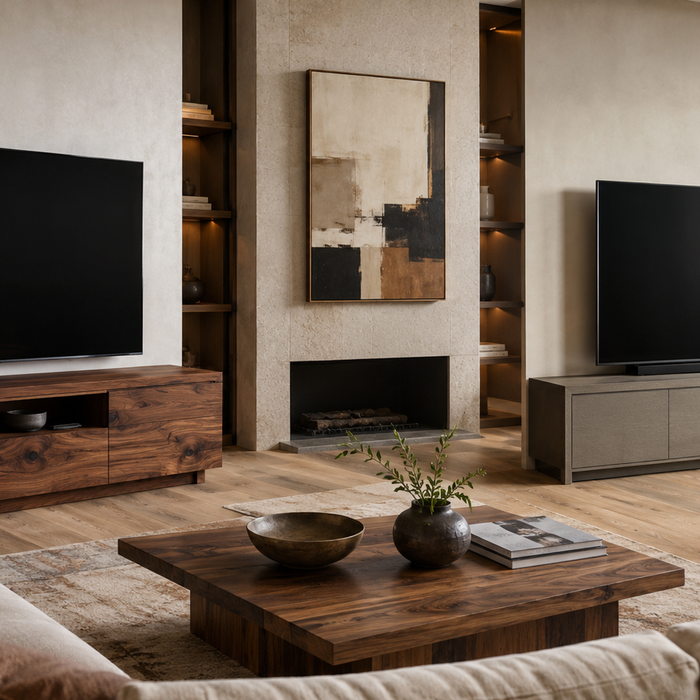 Solid wood vs engineered wood TV stand comparison showing material choice, stability, and media console construction