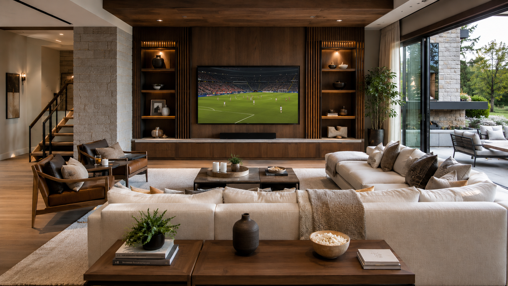 Luxury living room designed for sports watch parties featuring a FIFA World Cup soccer match on TV, sectional seating, coffee table, and open walkways