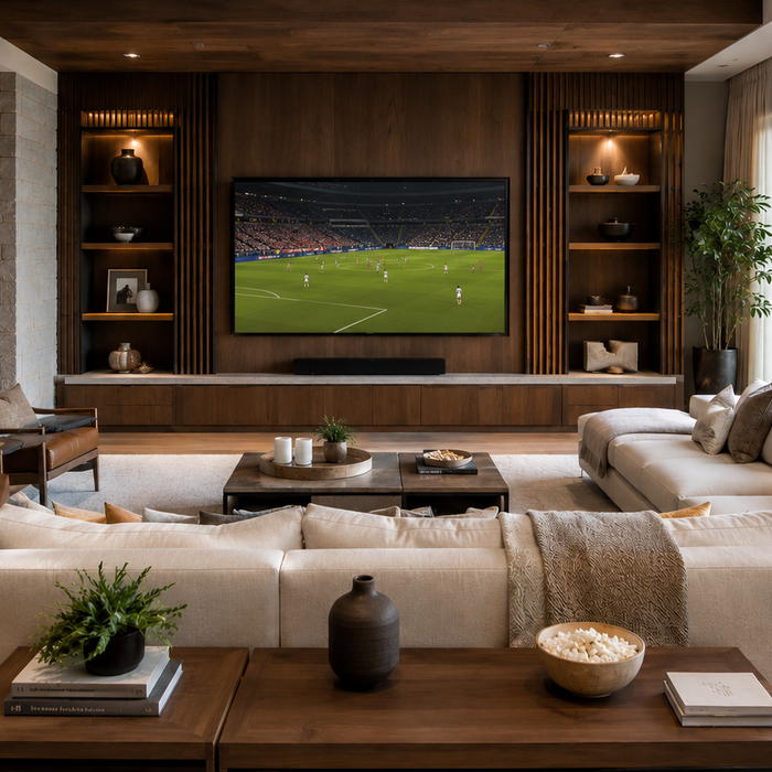 Luxury living room designed for sports watch parties featuring a FIFA World Cup soccer match on TV, sectional seating, coffee table, and open walkways