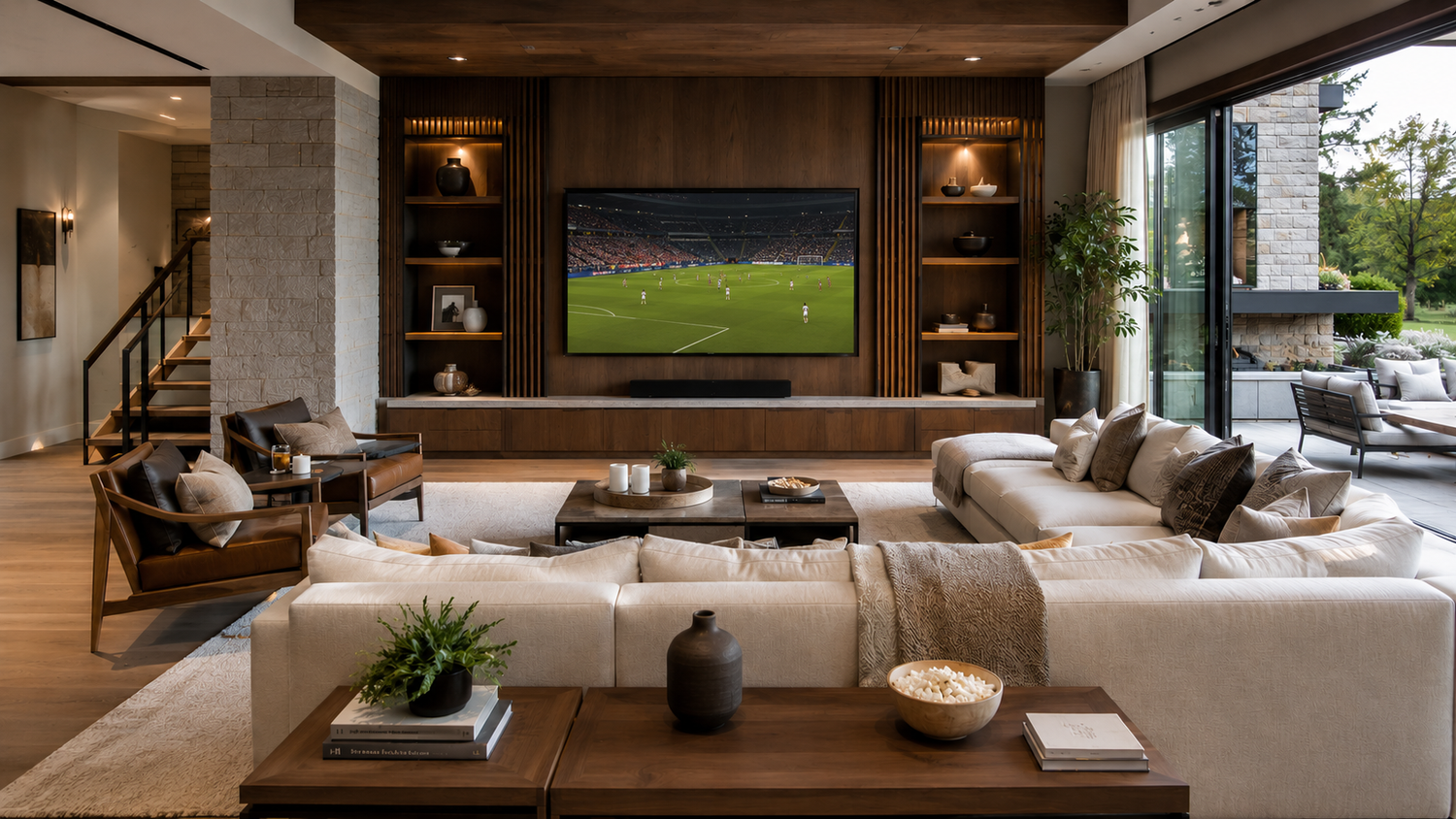 Luxury living room designed for sports watch parties featuring a FIFA World Cup soccer match on TV, sectional seating, coffee table, and open walkways