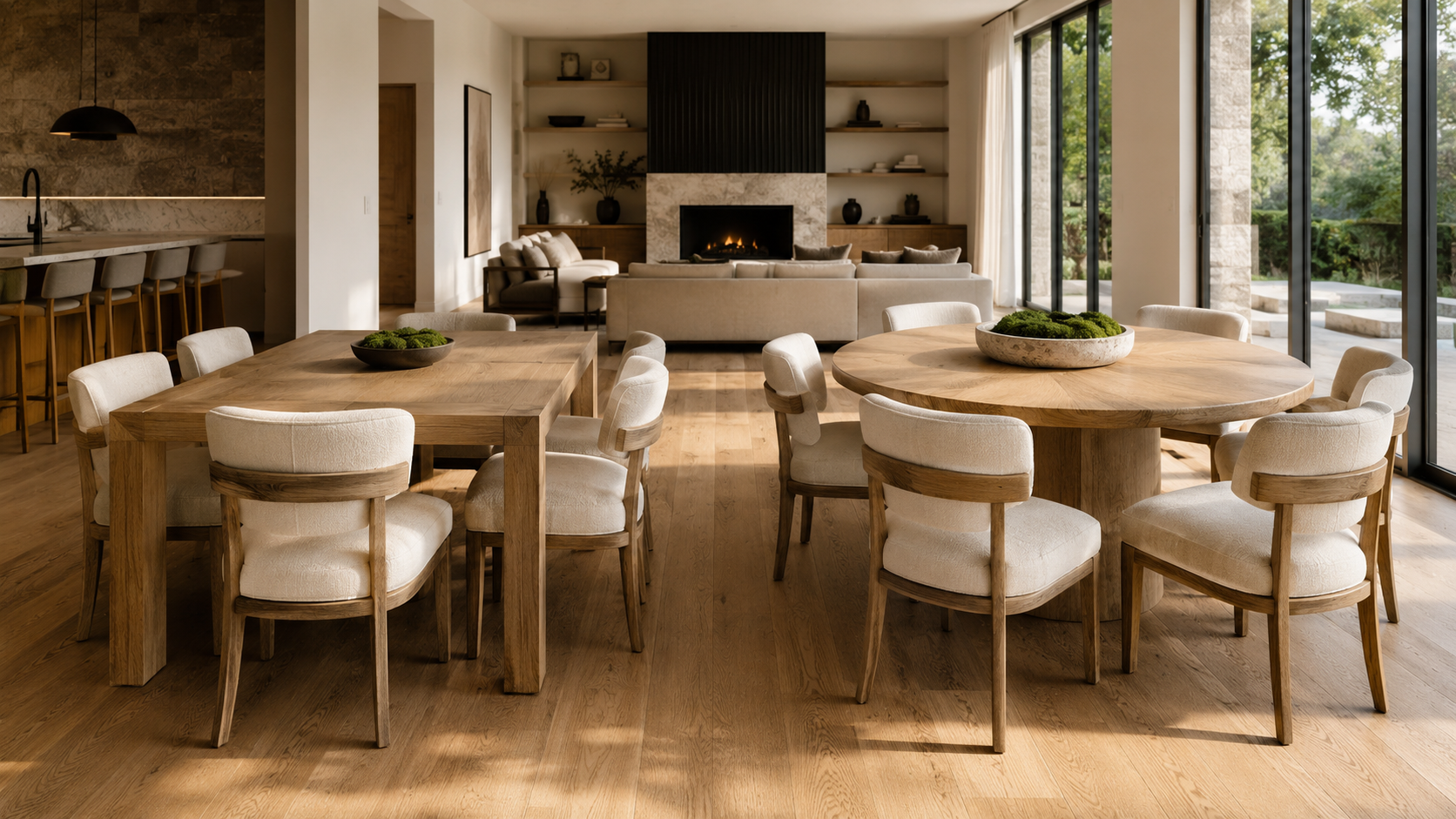 Square vs round dining table comparison in a luxury dining room showing seating layout, room circulation, and dining space planning