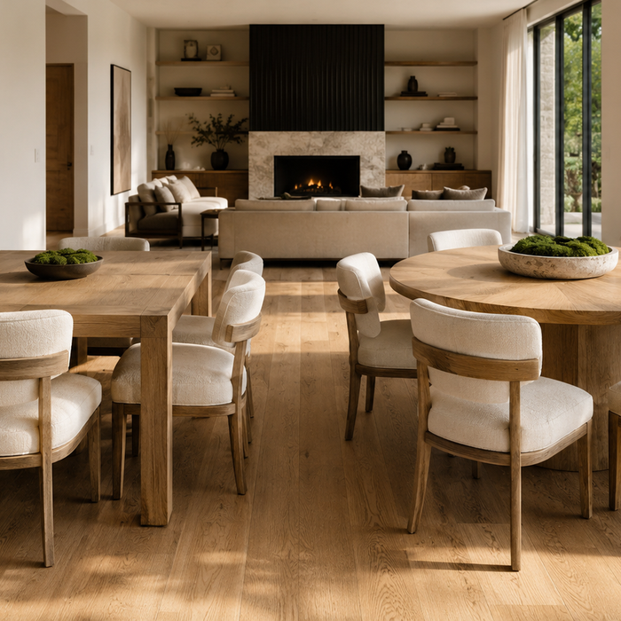Square vs round dining table comparison in a luxury dining room showing seating layout, room circulation, and dining space planning