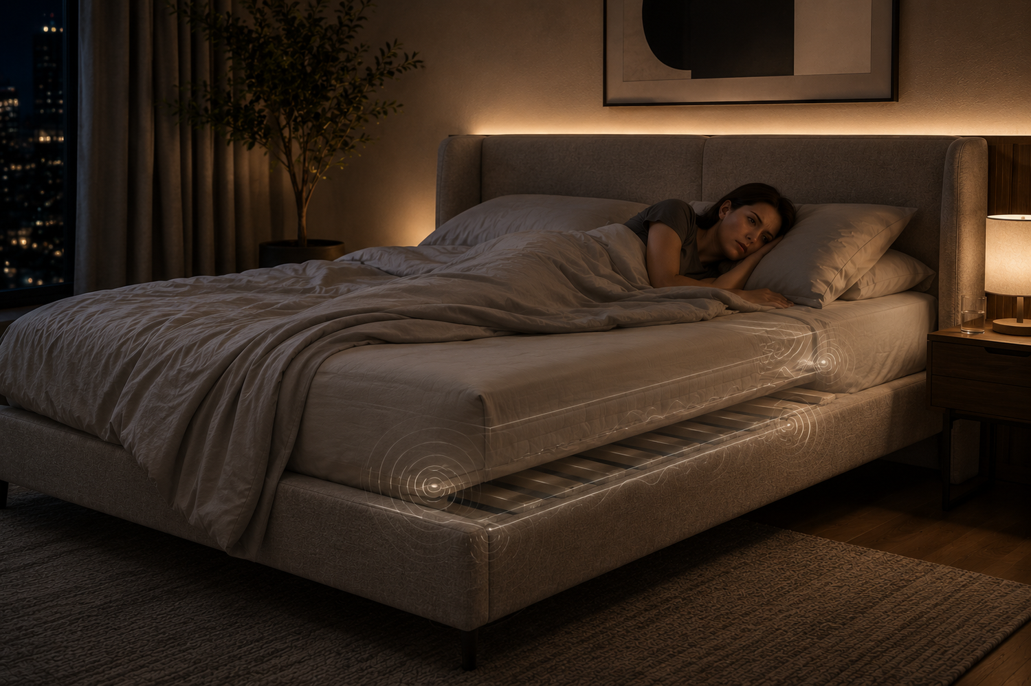 Modern bedroom showing how a squeaky bed frame and vibration transfer can disrupt sleep at night