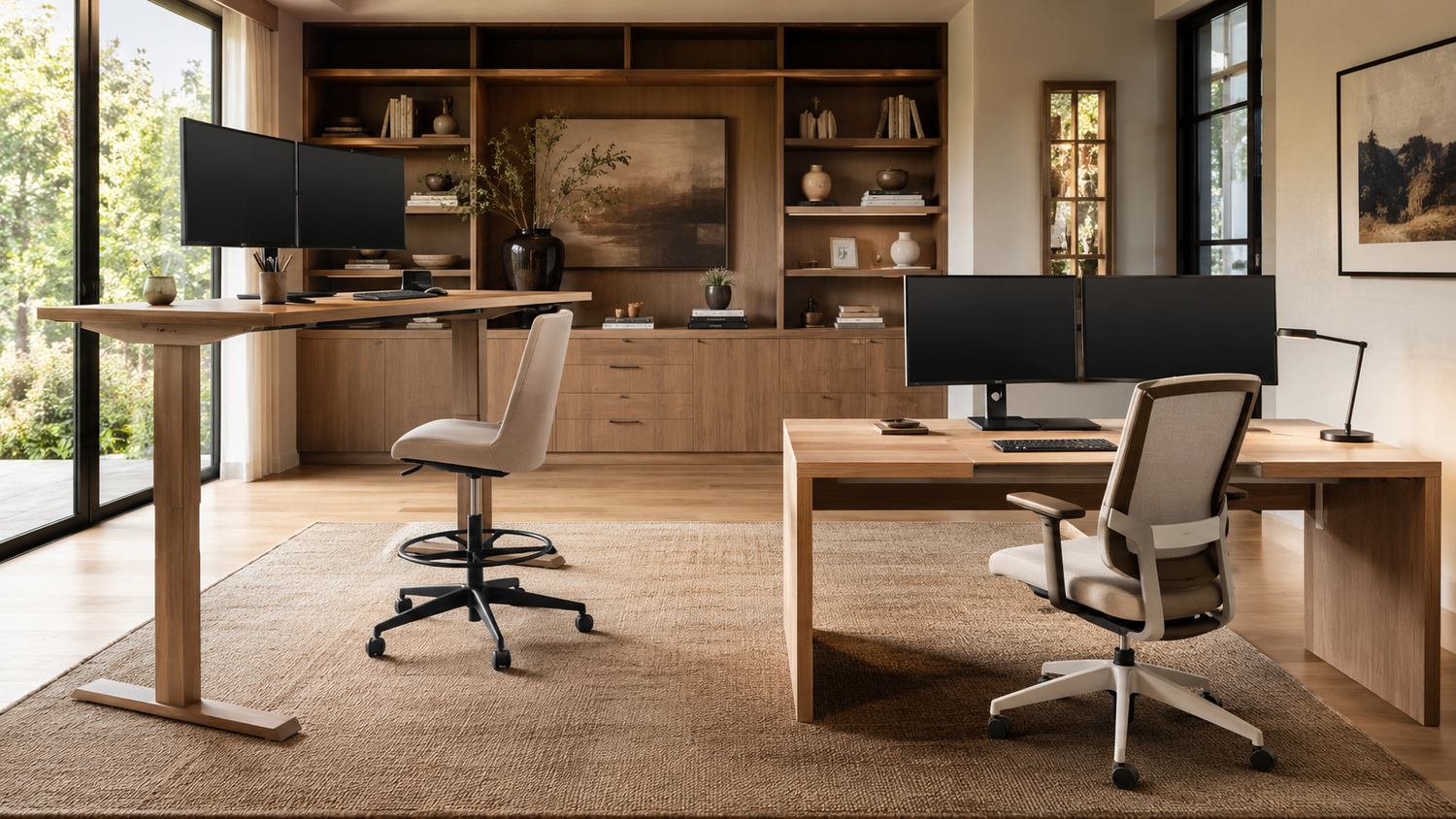 Standing desk vs standard desk comparison showing adjustable desk and fixed desk setups in a modern home office