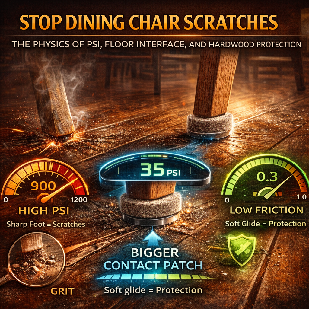 Stop Dining Chair Scratches: The Physics of PSI, Floor Interface, and Hardwood Protection
