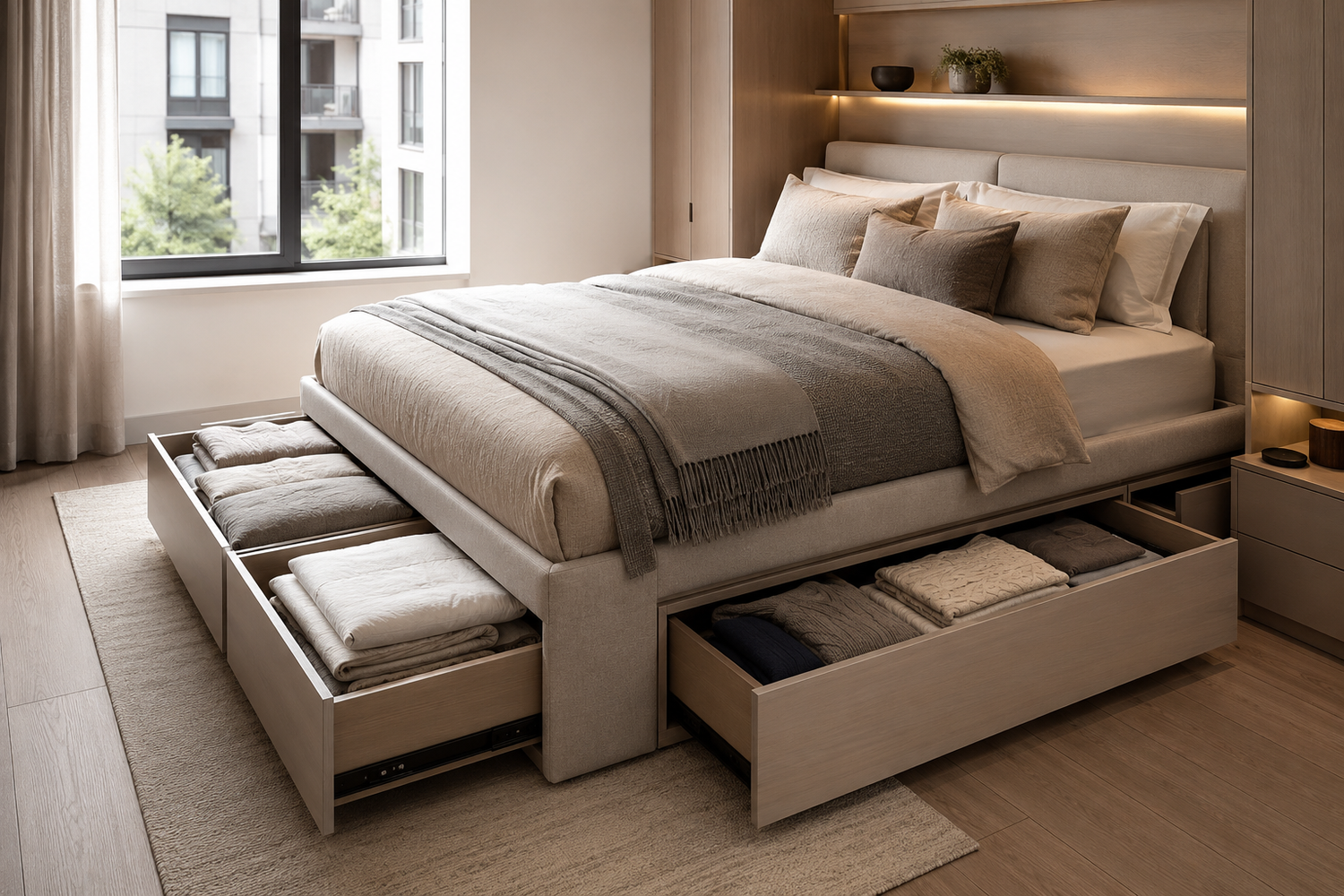 Storage bed vs standard bed comparison showing built-in storage and bedroom organization