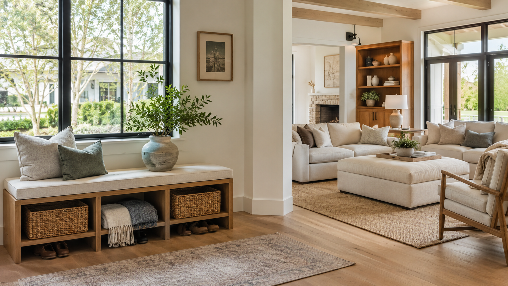 Storage bench vs storage ottoman comparison in a luxury home showing entryway storage, bedroom storage, living room organization, and hidden storage furniture