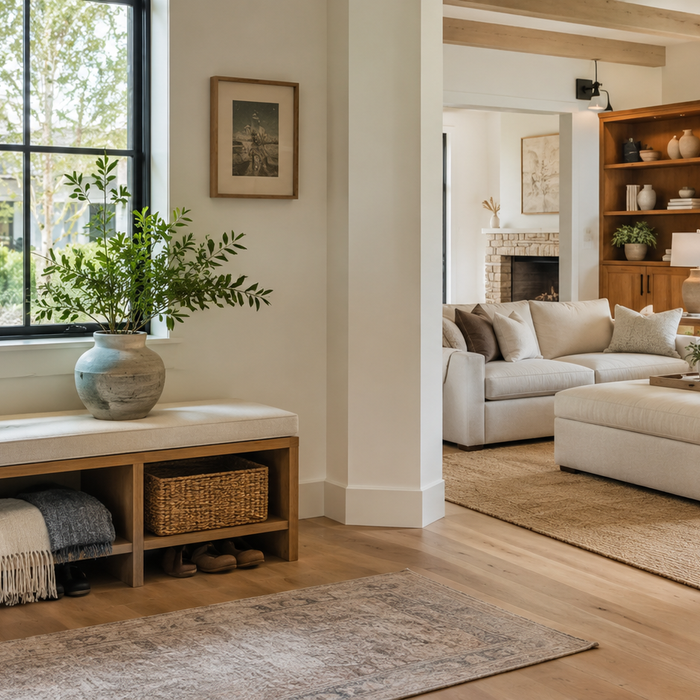 Storage bench vs storage ottoman comparison in a luxury home showing entryway storage, bedroom storage, living room organization, and hidden storage furniture