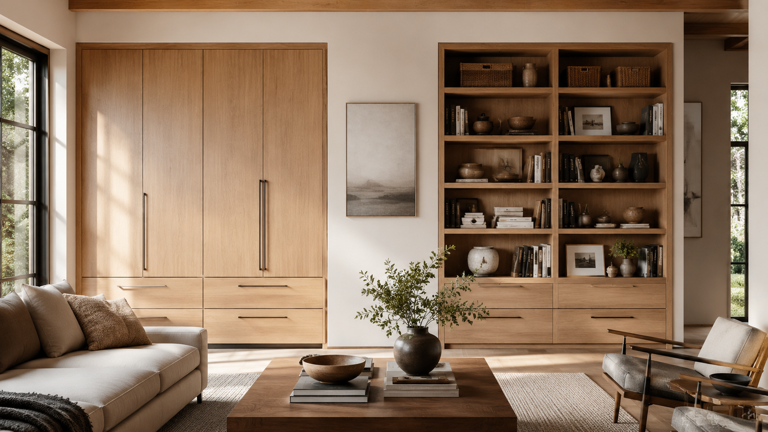Storage cabinet vs bookcase comparison in a luxury living room showing hidden storage and open display shelving
