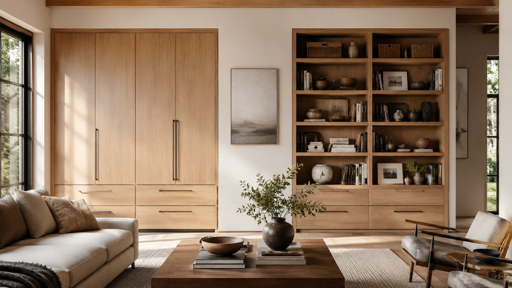 Storage cabinet vs bookcase comparison in a luxury living room showing hidden storage and open display shelving