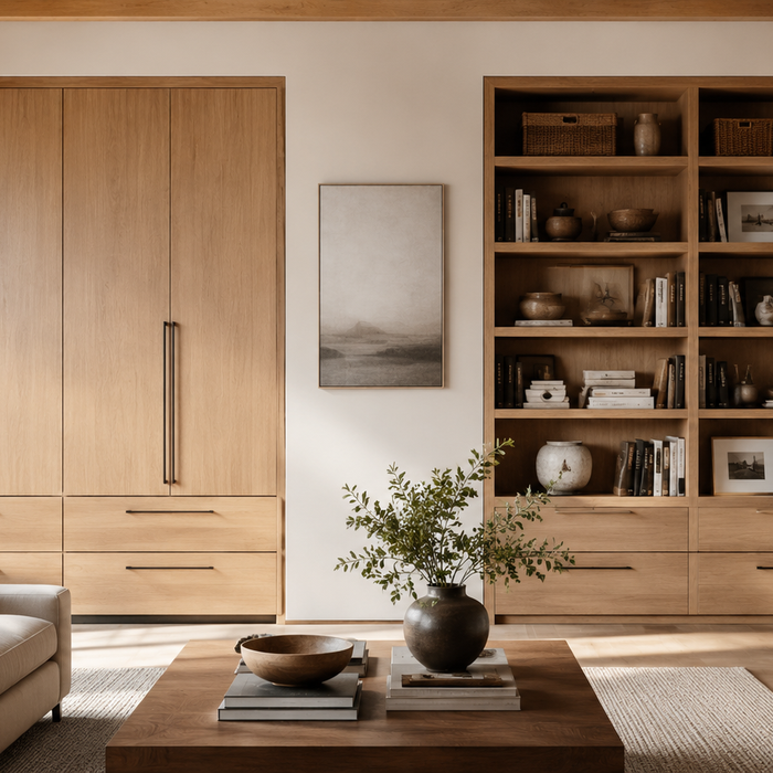 Storage cabinet vs bookcase comparison in a luxury living room showing hidden storage and open display shelving