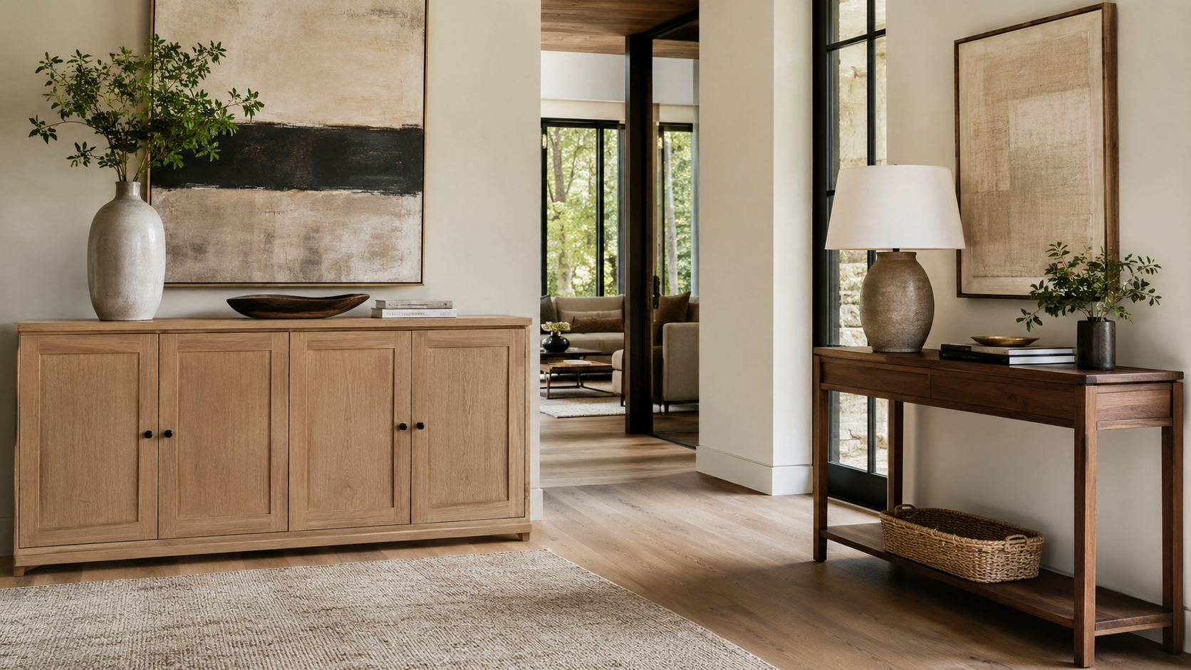 Storage cabinet vs console table comparison showing concealed storage capacity, clutter control, and functional surface use in a luxury home entryway