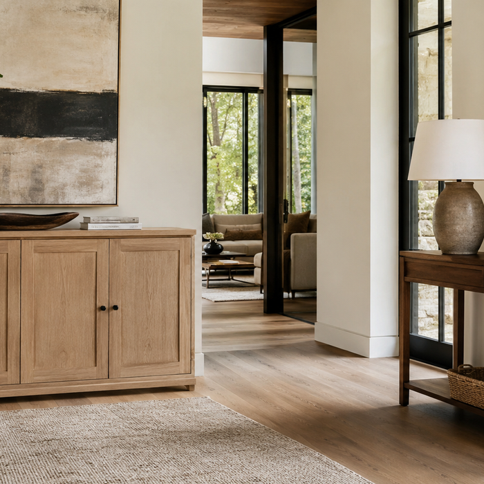 Storage cabinet vs console table comparison showing concealed storage capacity, clutter control, and functional surface use in a luxury home entryway