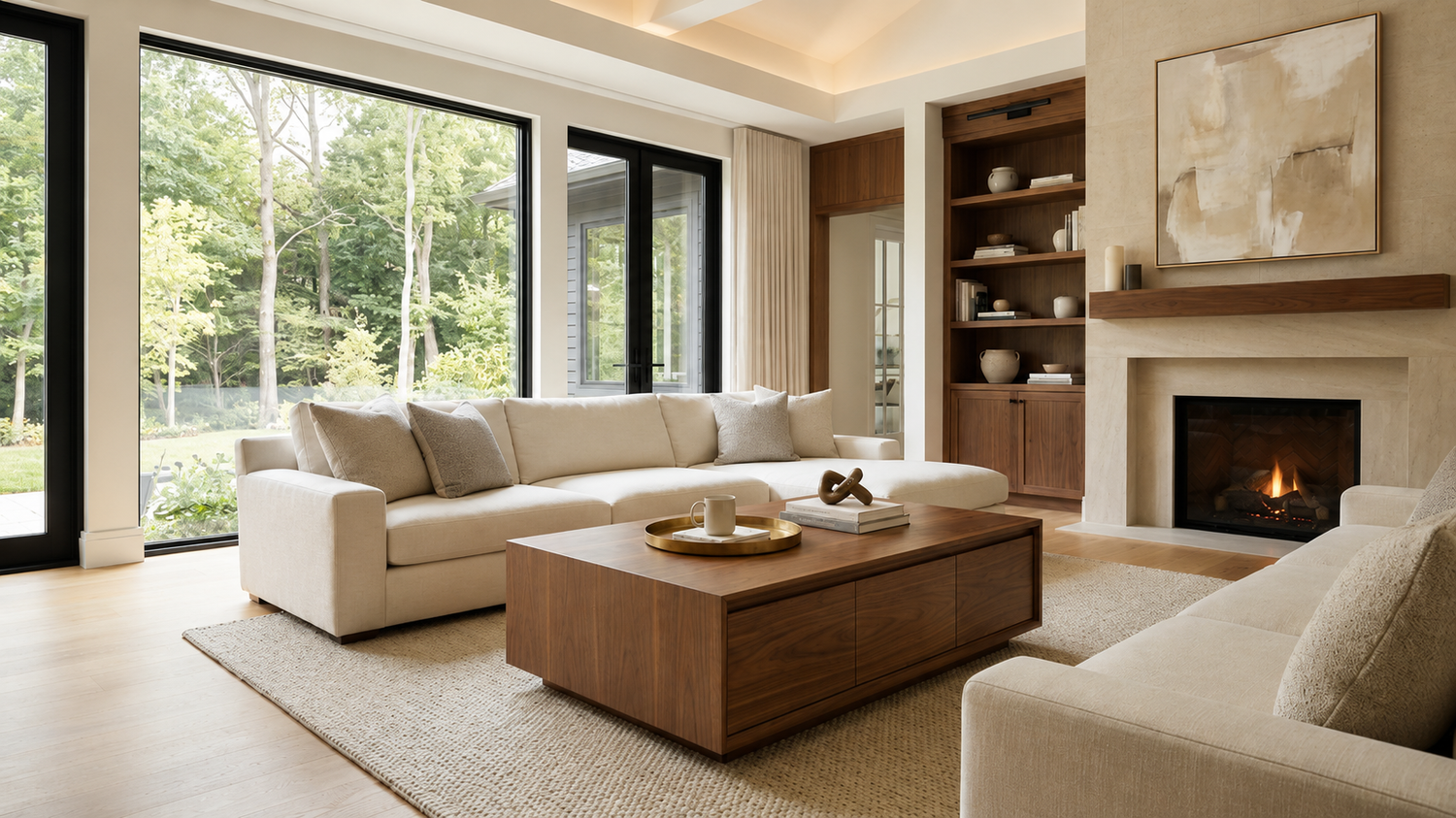 Storage coffee table vs standard coffee table in a luxury living room, showing hidden storage, clean contemporary design, and an organized clutter-free space.