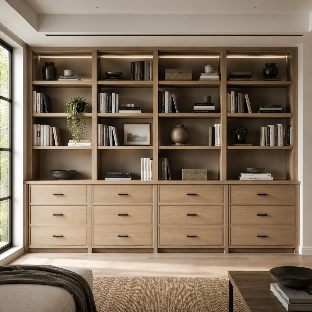 Modern storage wall with stable cabinet design, balanced shelving, aligned drawers, and engineered furniture layout for long-term durability