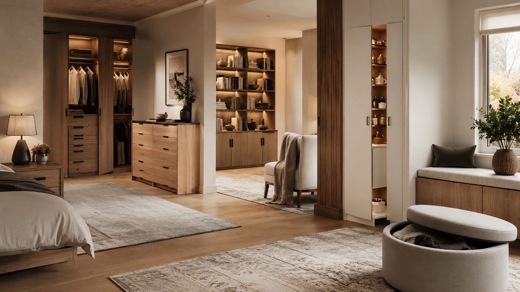 Storage furniture decision guide showing clothing storage, room organization, hidden storage, and multi-function storage solutions throughout a modern home.
