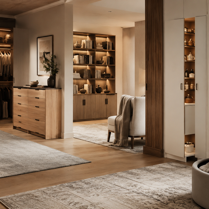 Storage furniture decision guide showing clothing storage, room organization, hidden storage, and multi-function storage solutions throughout a modern home.