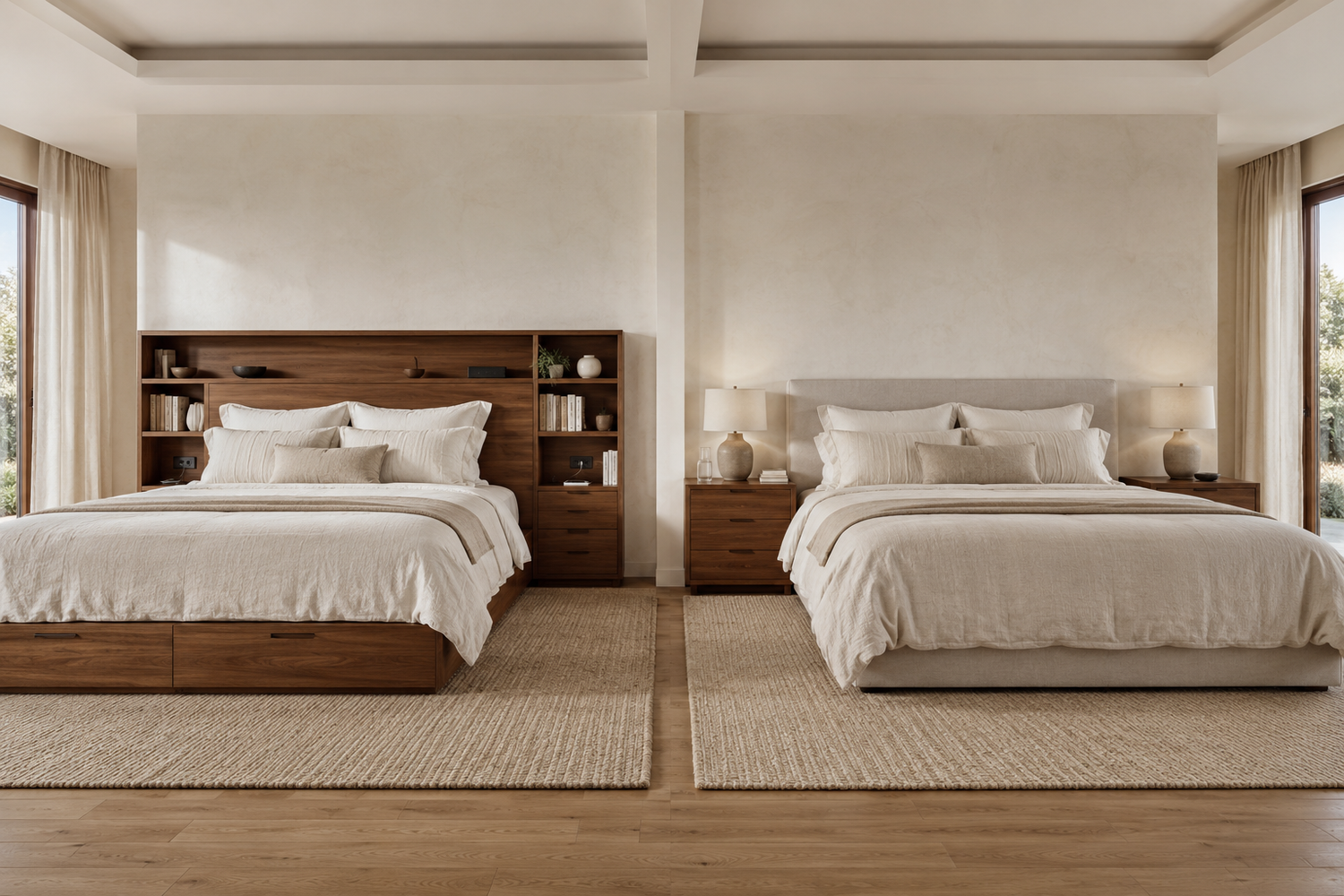 lustrating bedside access, bedroom storage, floor space, and long-term furniture flexibility