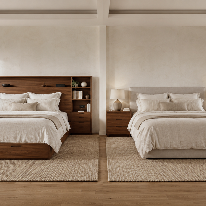 lustrating bedside access, bedroom storage, floor space, and long-term furniture flexibility