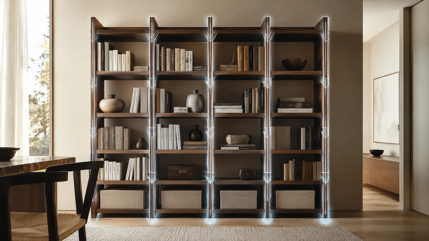 Storage load path engineering in a modern bookcase showing how weight travels through vertical supports to improve cabinet stability and prevent shelf sag