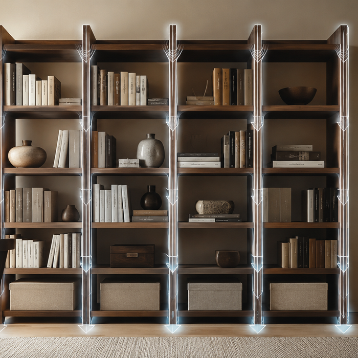 Storage load path engineering in a modern bookcase showing how weight travels through vertical supports to improve cabinet stability and prevent shelf sag