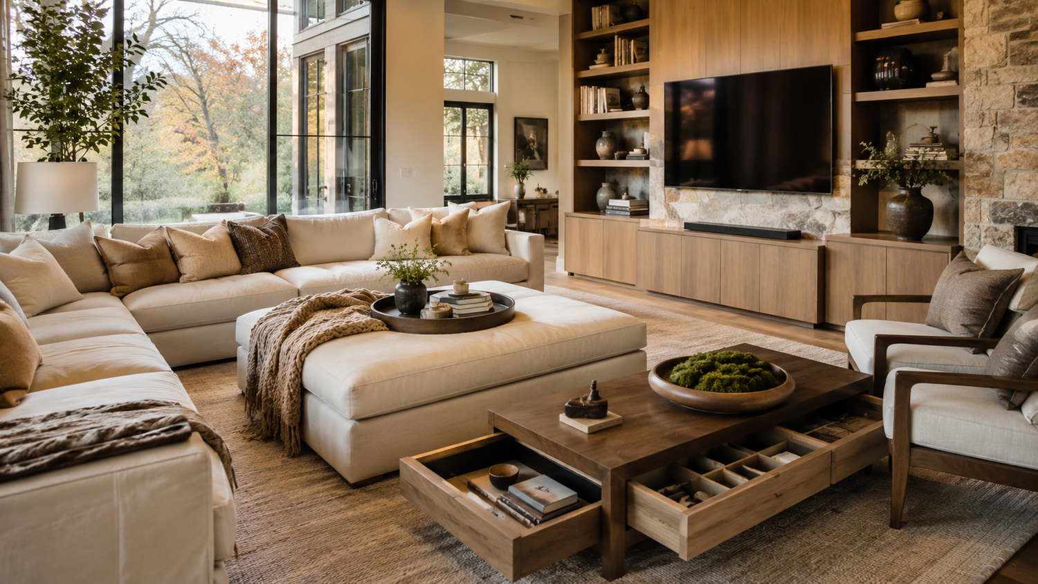 Storage ottoman vs coffee table with storage comparison showing comfort, hidden storage, organization, and living room functionality