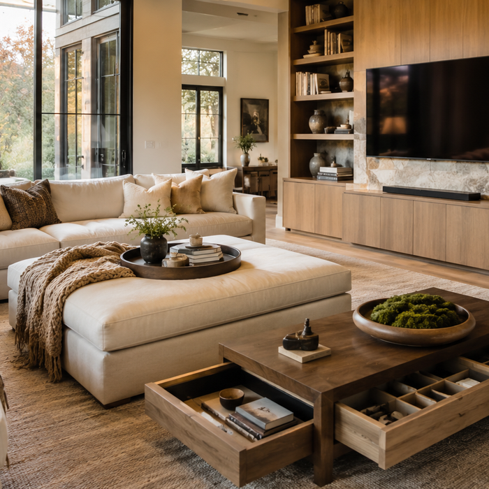 Storage ottoman vs coffee table with storage comparison showing comfort, hidden storage, organization, and living room functionality