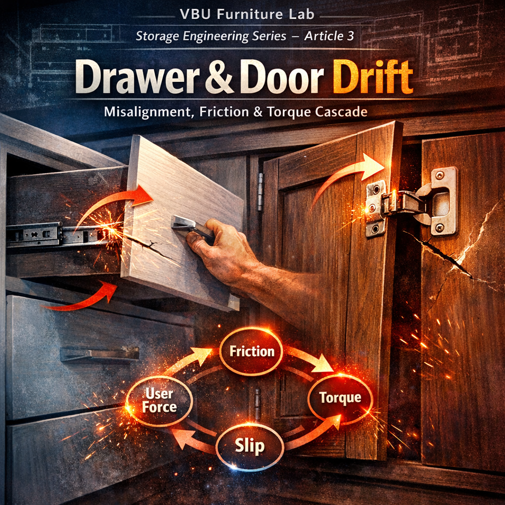 Drawer sticking halfway and cabinet door not closing properly due to hinge misalignment, friction, and torque buildup