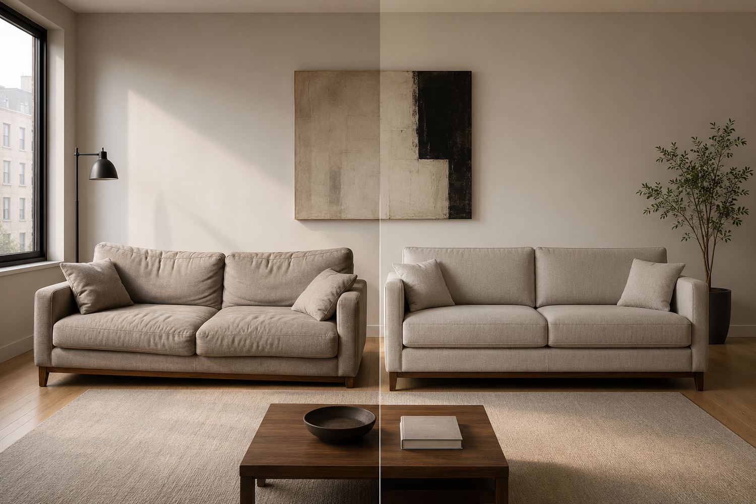 Engineered sofa frame maintaining straight alignment and balanced support compared with a sofa showing sagging cushions and long-term structural deformation