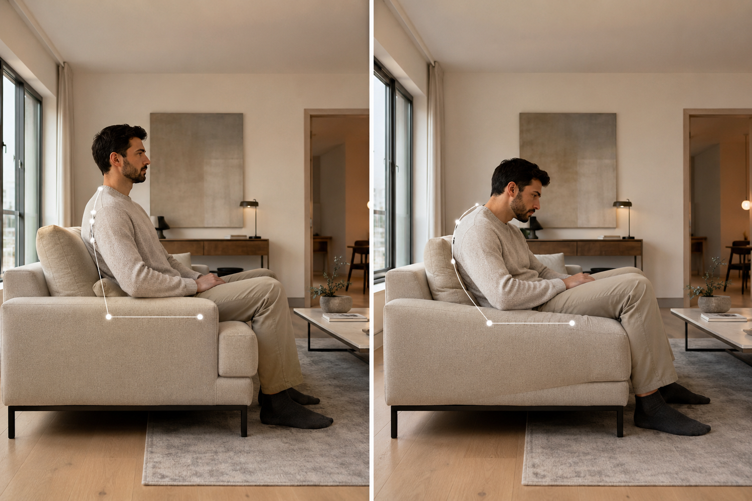 Supportive versus unsupportive sofa comparison for back pain showing posture stability, cushion compression, prolonged sitting comfort, and long-duration support failure