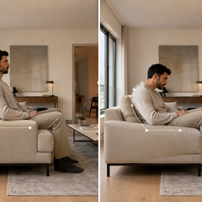 Supportive versus unsupportive sofa comparison for back pain showing posture stability, cushion compression, prolonged sitting comfort, and long-duration support failure