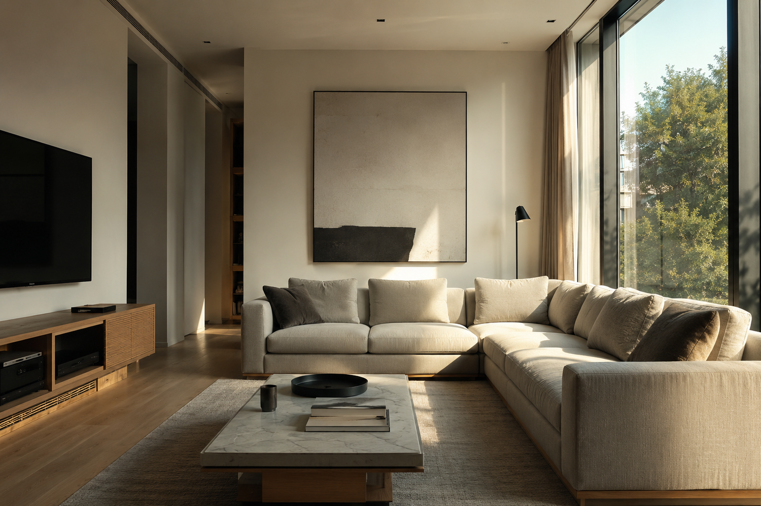 Modern living room illustrating how sunlight, airflow, heat, and daily use influence furniture material durability over time