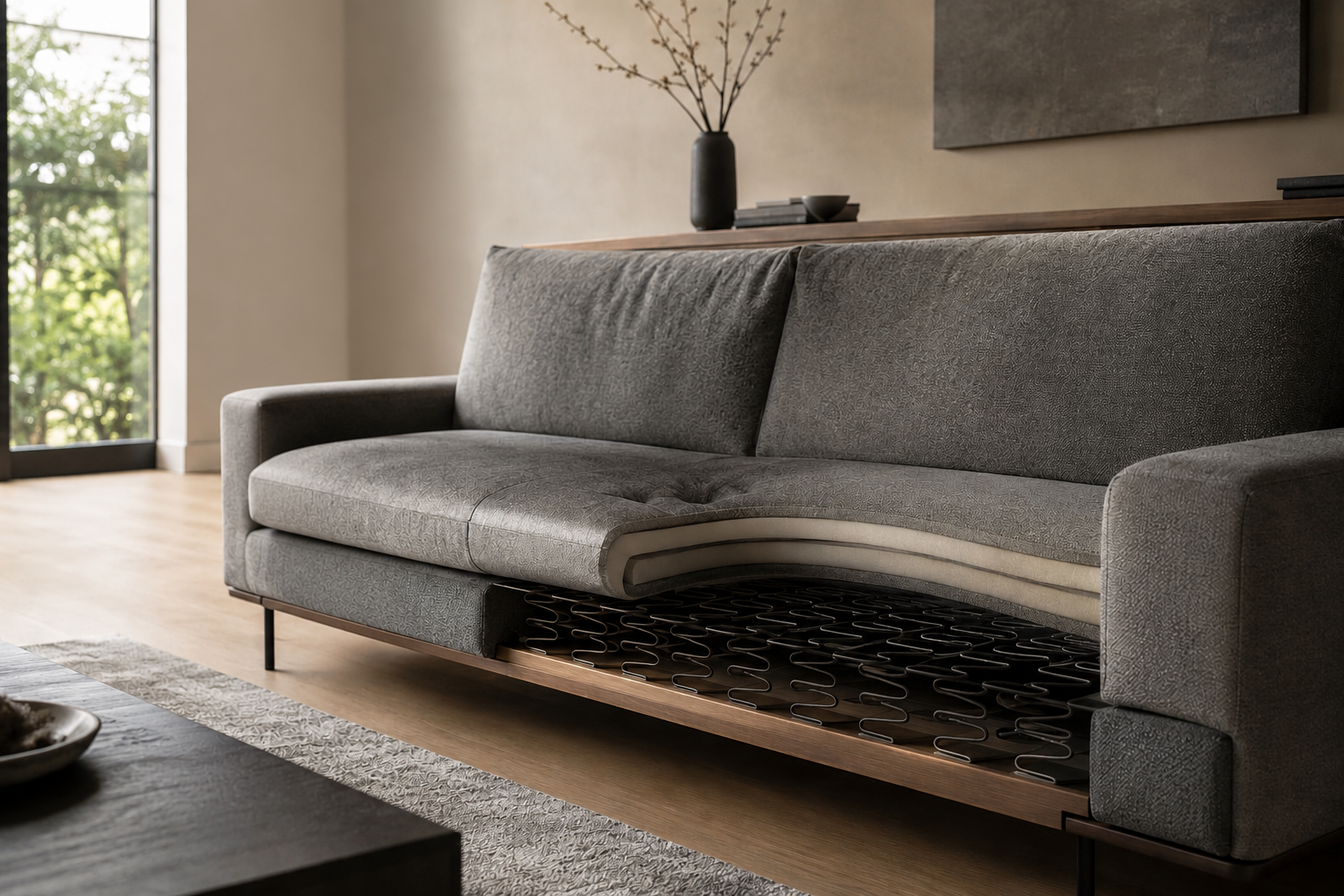 Modern sectional sofa in a refined architectural living room with subtle visible suspension geometry illustrating how engineered support systems prevent sagging and maintain long-term comfort