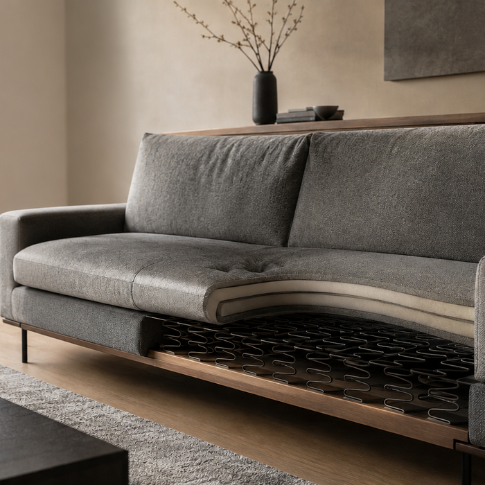 Modern sectional sofa in a refined architectural living room with subtle visible suspension geometry illustrating how engineered support systems prevent sagging and maintain long-term comfort