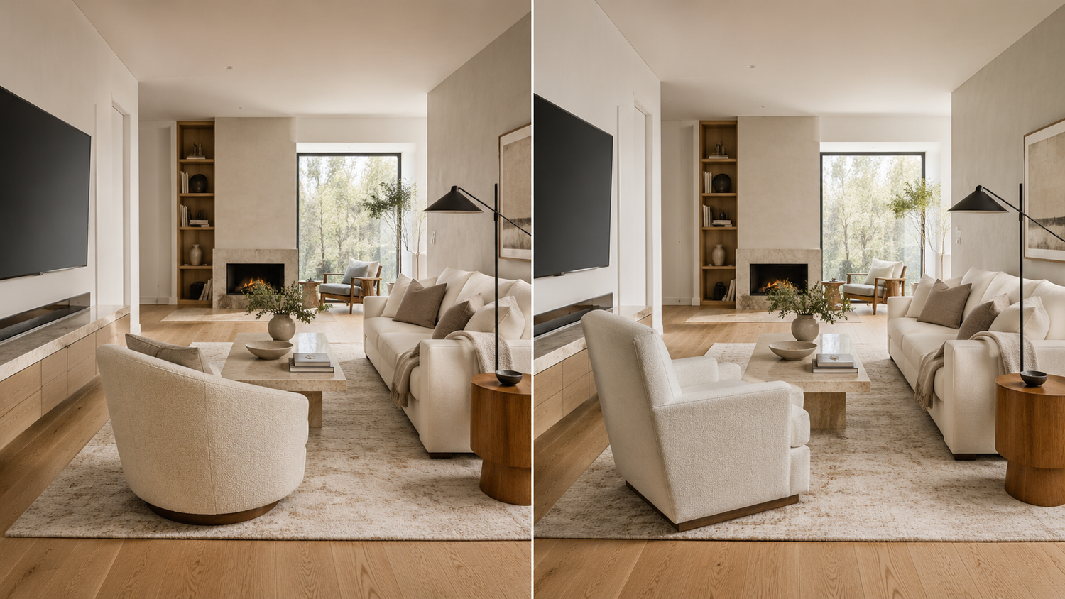 Swivel chair vs. stationary chair comparison in a modern living room