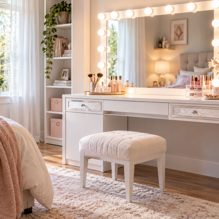 White teen makeup vanity with a Hollywood lighted mirror and upholstered stool in a blush-accented bedroom.