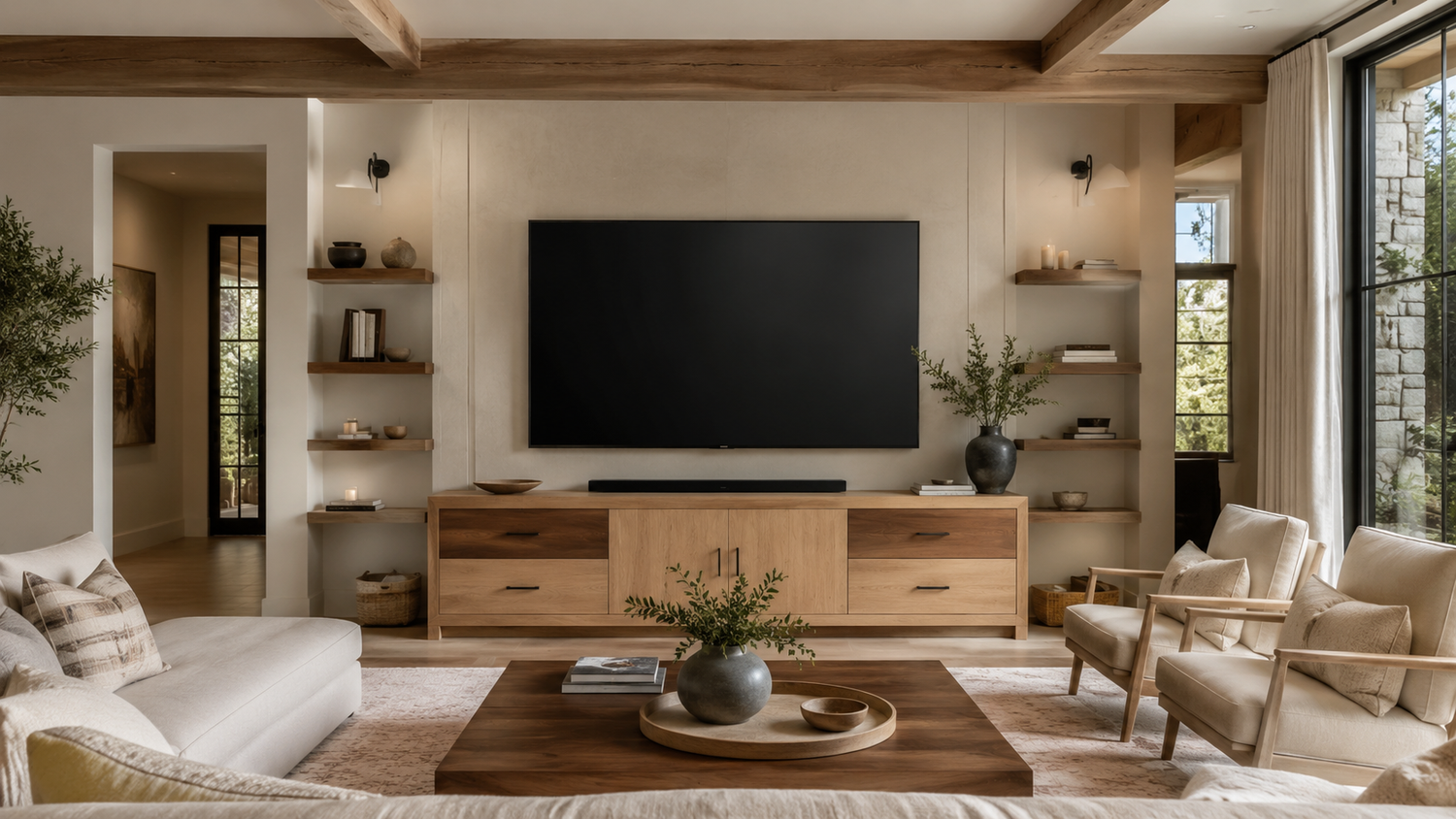 How to choose the right TV stand for your living room, featuring a luxury television setup with a TV stand, media storage, and balanced room layout.