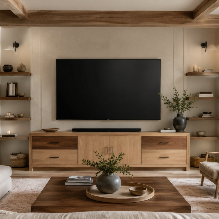 How to choose the right TV stand for your living room, featuring a luxury television setup with a TV stand, media storage, and balanced room layout.