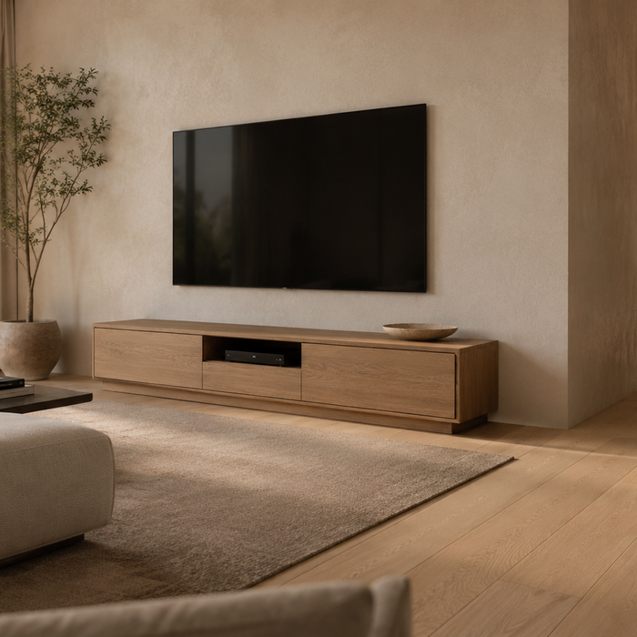 How deep should a TV stand be? Luxury living room showing proper TV console depth, walkway clearance, and electronics airflow space